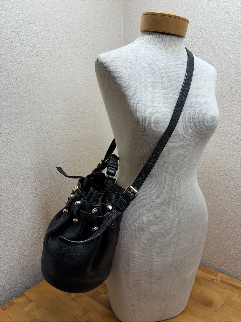 Alexander Wang Diego Black Pebbled Leather Studded Bucket Crossbody Bag - Picture 3 of 13